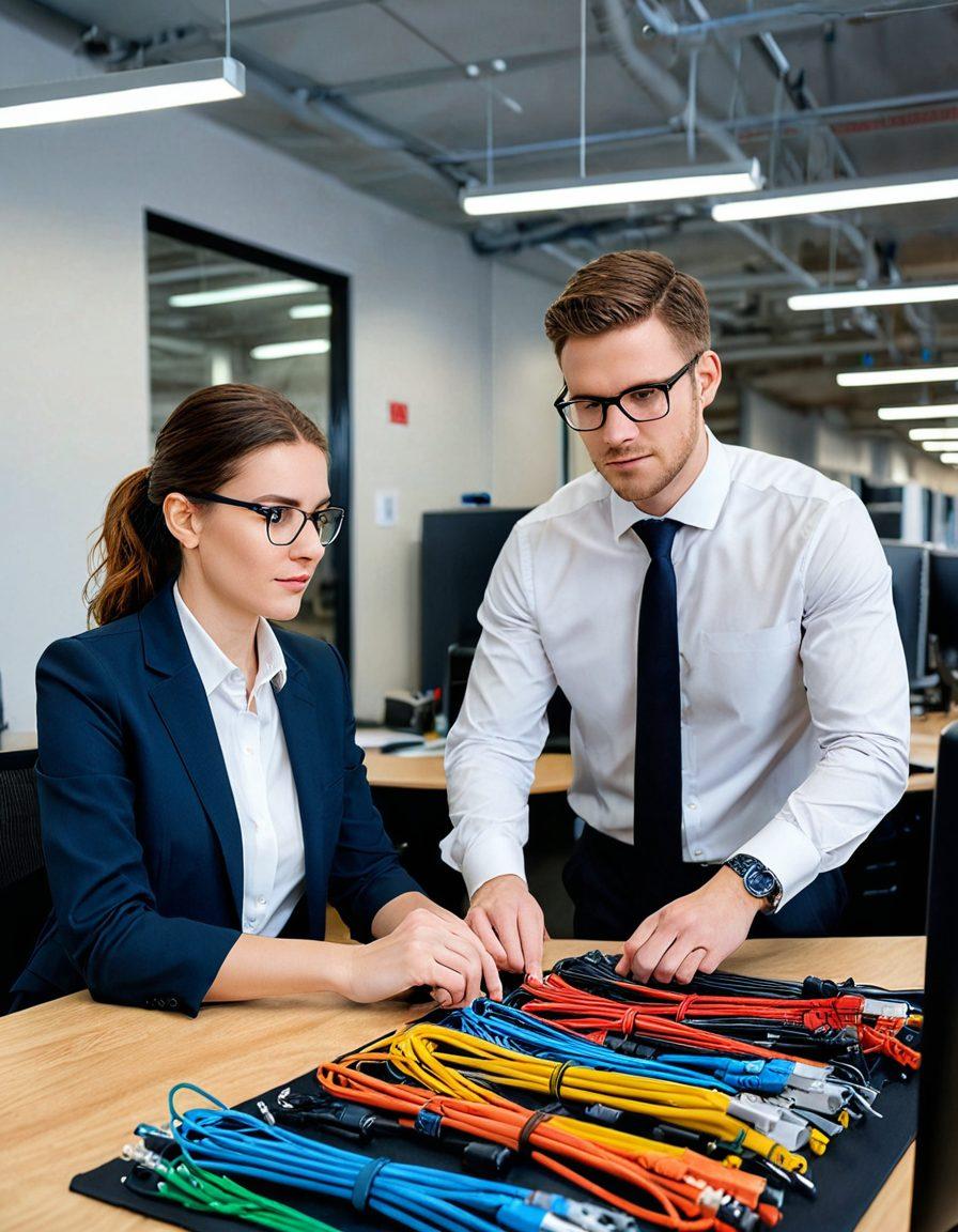 A professional-looking technician expertly managing tangled cables in a modern office setting, showcasing various cable management tools and techniques. In the background, a visually appealing infographic illustrates relocation services and support options. The scene is brightly lit and organized, conveying efficiency and clarity in cable handling. super-realistic. vibrant colors. office environment.