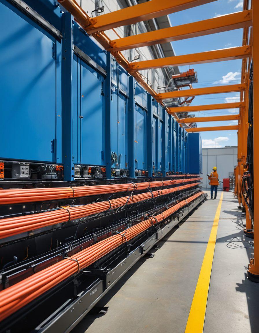 A dynamic scene depicting a high-tech logistics facility with workers efficiently managing cables, showcasing organized cable storage, loading docks, and advanced transport vehicles. Include vibrant colors and an overlay of cables and tools in action to emphasize efficiency and precision in cable installation. The background should feature a clear sky and modern architecture to convey a futuristic feel. super-realistic. vibrant colors.