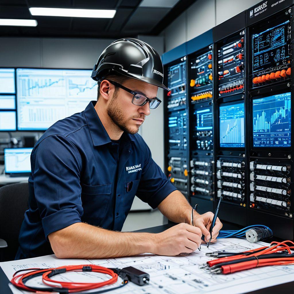 An expert technician optimizing cable installations, surrounded by tools and equipment, showcasing various types of cables neatly organized. The technician is focused, wearing a safety helmet and gear, with blueprints spread out on a table. In the background, a digital display shows efficiency metrics. Bright, engaging lab-like environment. super-realistic. vibrant colors. digital art.
